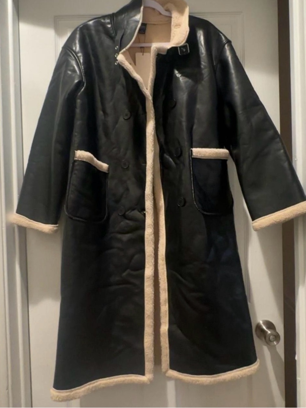 SHEIN Black Faux Leather Long Trench Coat with Cream Shearling Trim